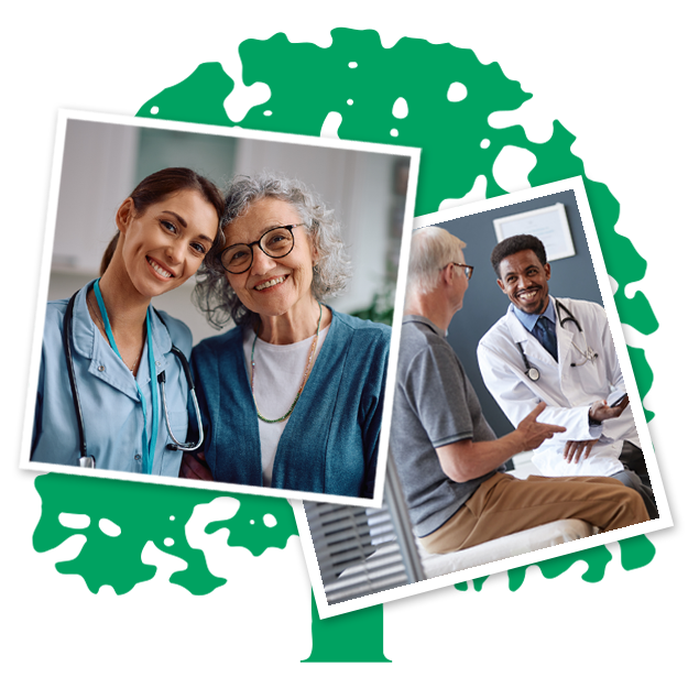 Pictures of a nurse standing next to a patient and a doctor talking to a patient.